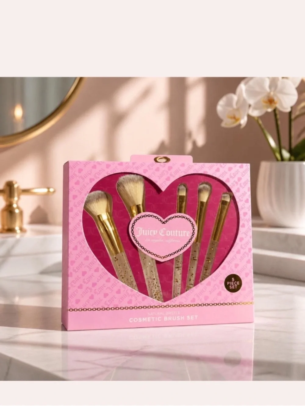 Juicy Couture Five Piece Make up Cosmetic Natural Bristle Sparkly Brush Set